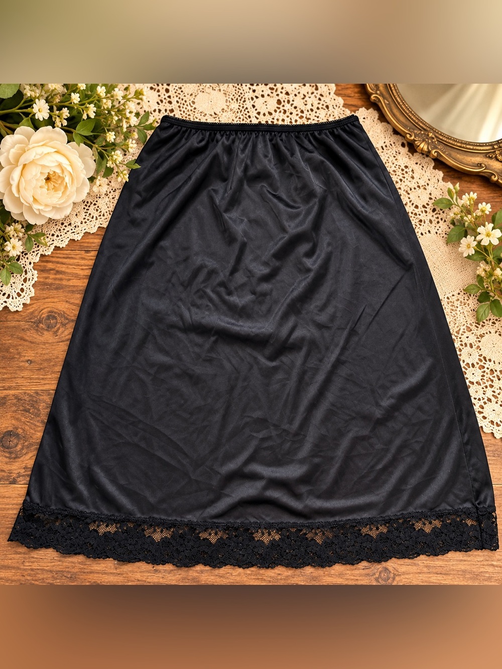 Vintage Black Half Slip Floral Lace Hem Lingerie